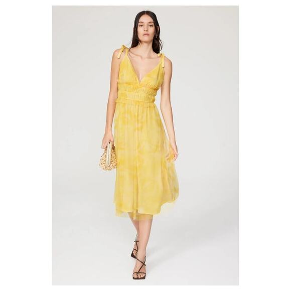 Louna Yellow Printed Midi Dress Yellow Tie Straps Fit & Flare Sundress Size M - Picture 1 of 10